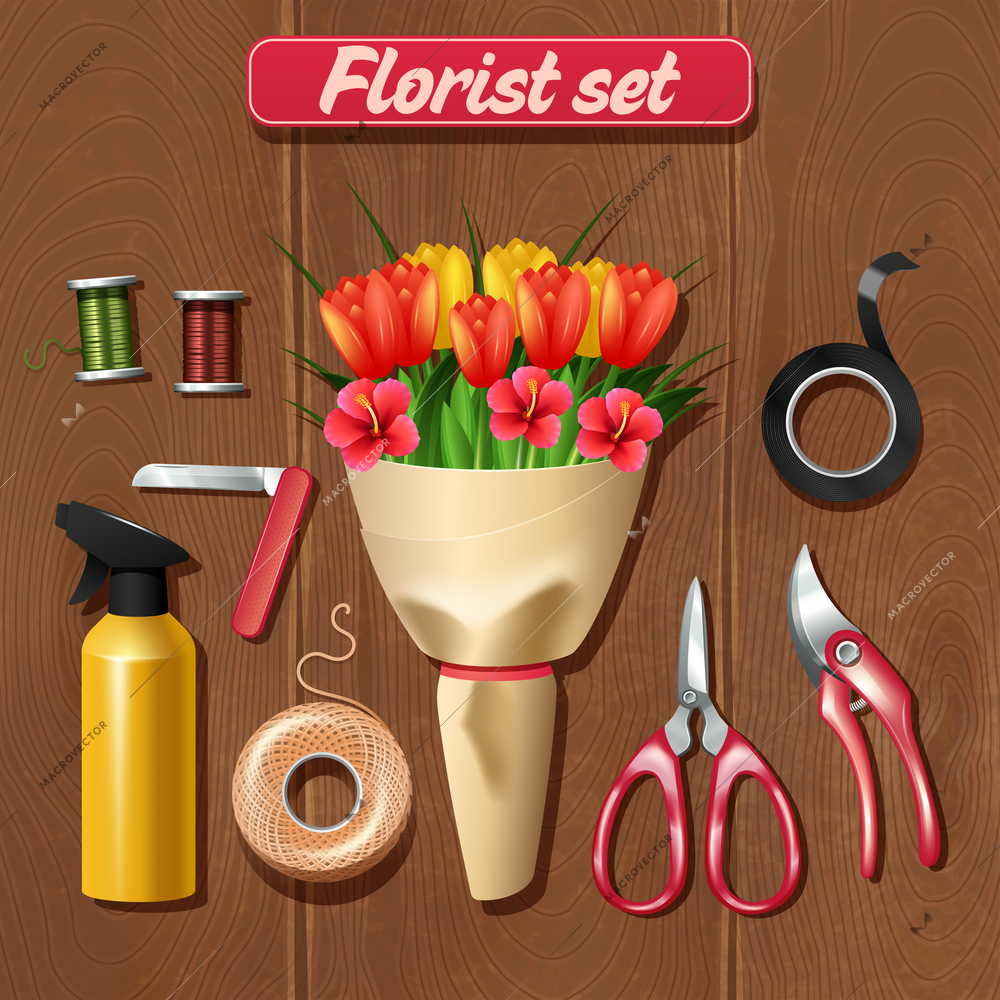 Florist accessories set with realistic bunch of flowers on wooden background vector illustration