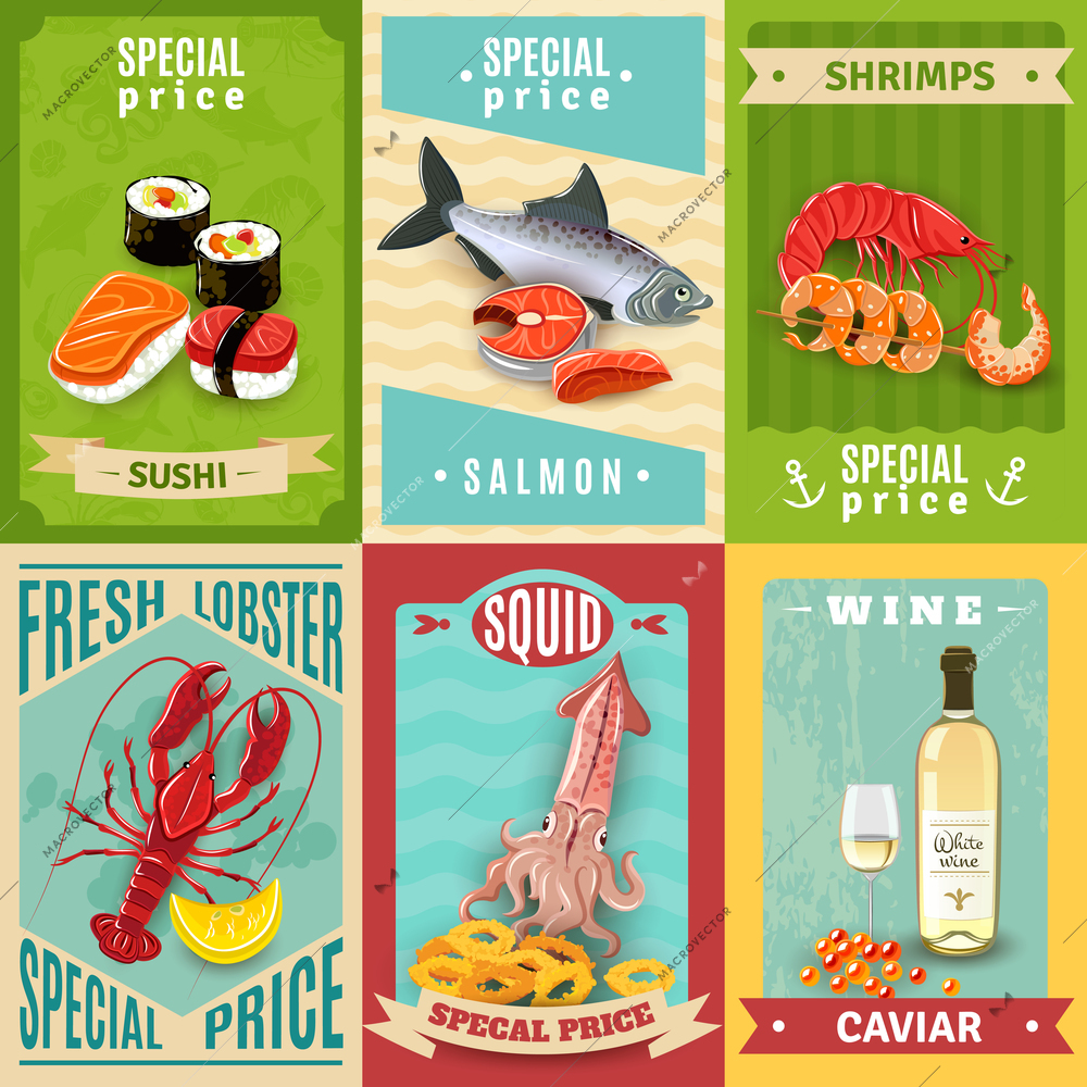 Premium quality fish and seafood mini poster set isolated vector illustration