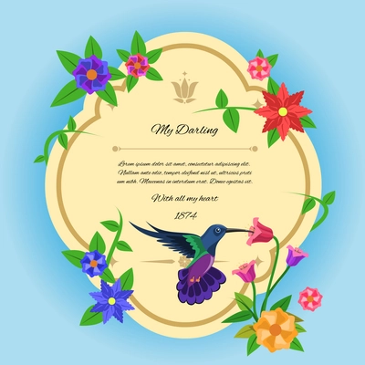 Greeting postcard with colibri bird and tropical flowers flat vector illustration