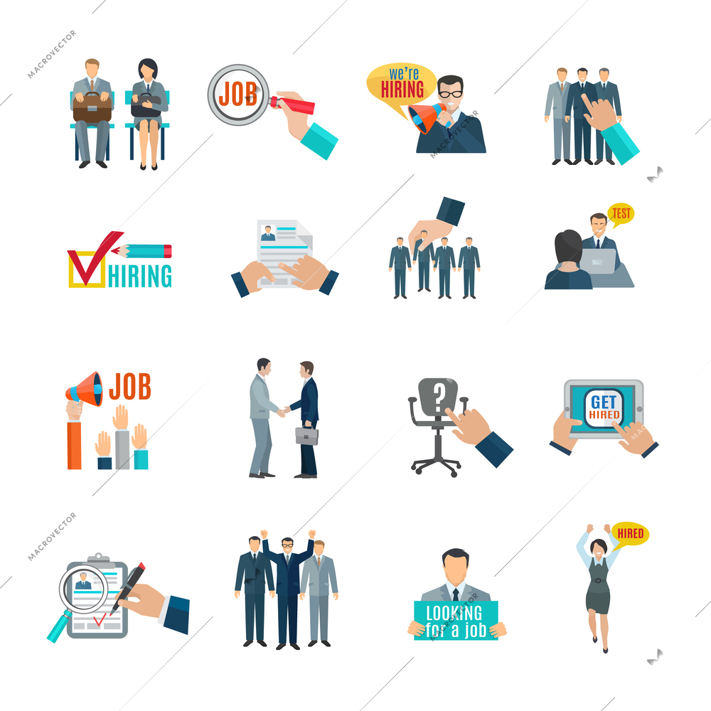 Personnel hiring and recruitment flat icons set isolated vector illustration