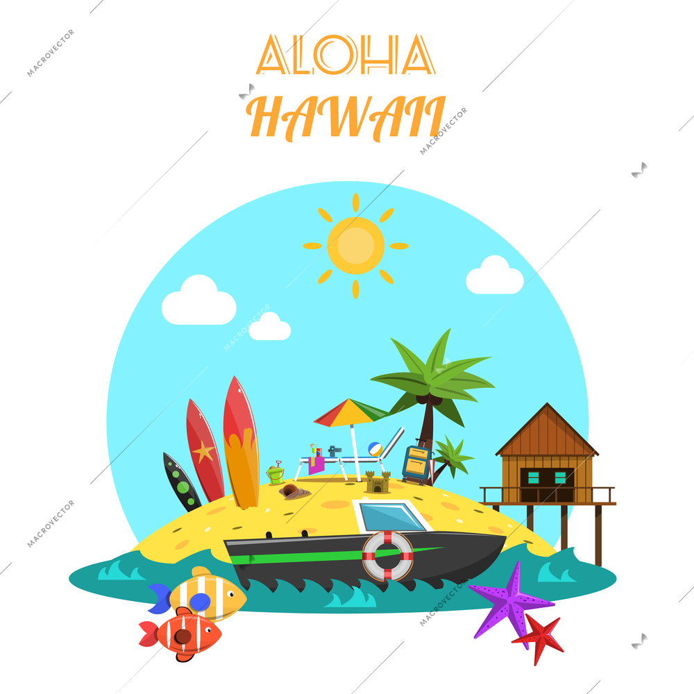 Beach concept with tropical island and sea vacation icons flat vector illustration