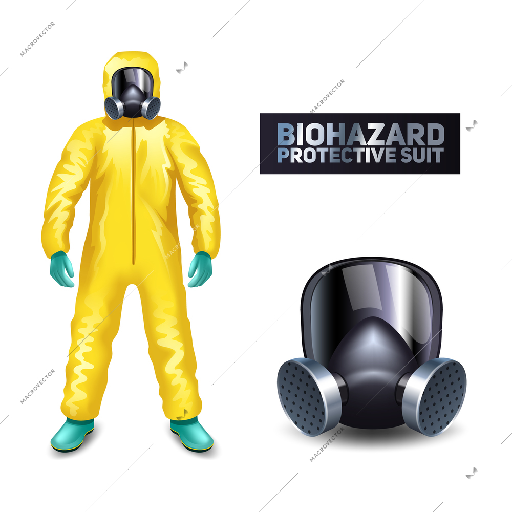 Scientist in yellow biohazard protective suit and mask isolated vector illustration