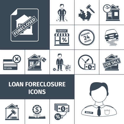 Loan foreclosure debt property sale icons black set isolated vector illustration