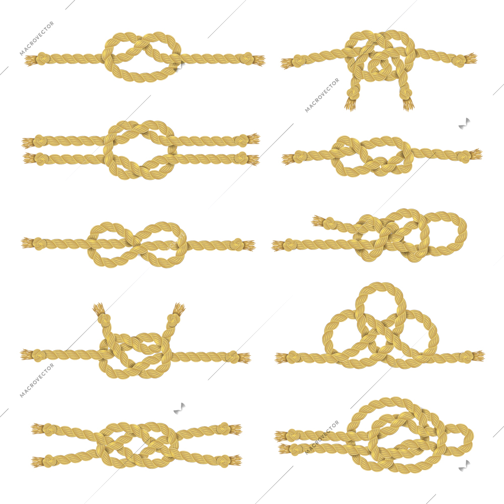Rope string and twine with knots node and noose realistic color decorative icon set isolated vector illustration