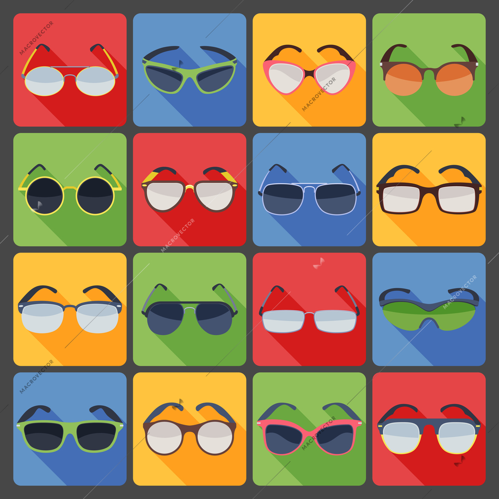 Various trendy frame shapes modern summer sunglasses flat icons set bright colorful abstract isolated vector illustration