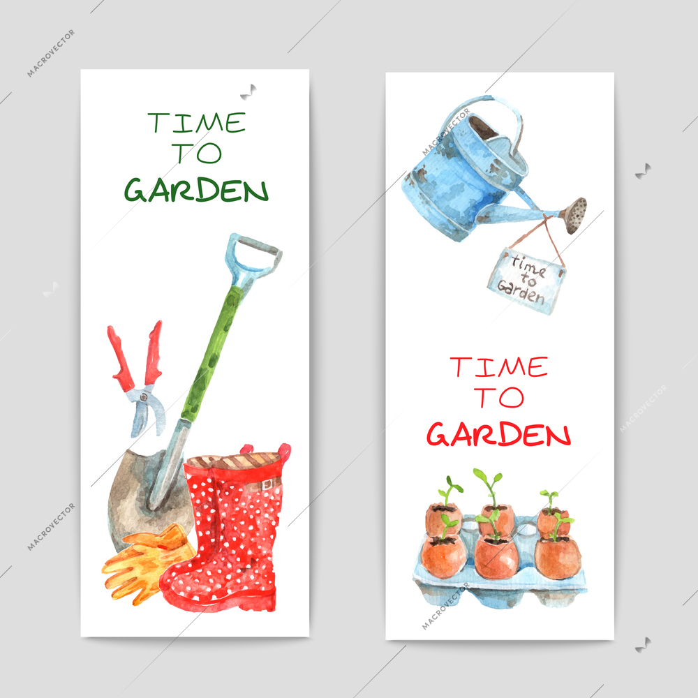 Gardening watercolor vertical banners set with spade and watering-can isolated vector illustration