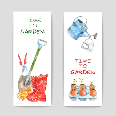 Gardening watercolor vertical banners set with spade and watering-can isolated vector illustration