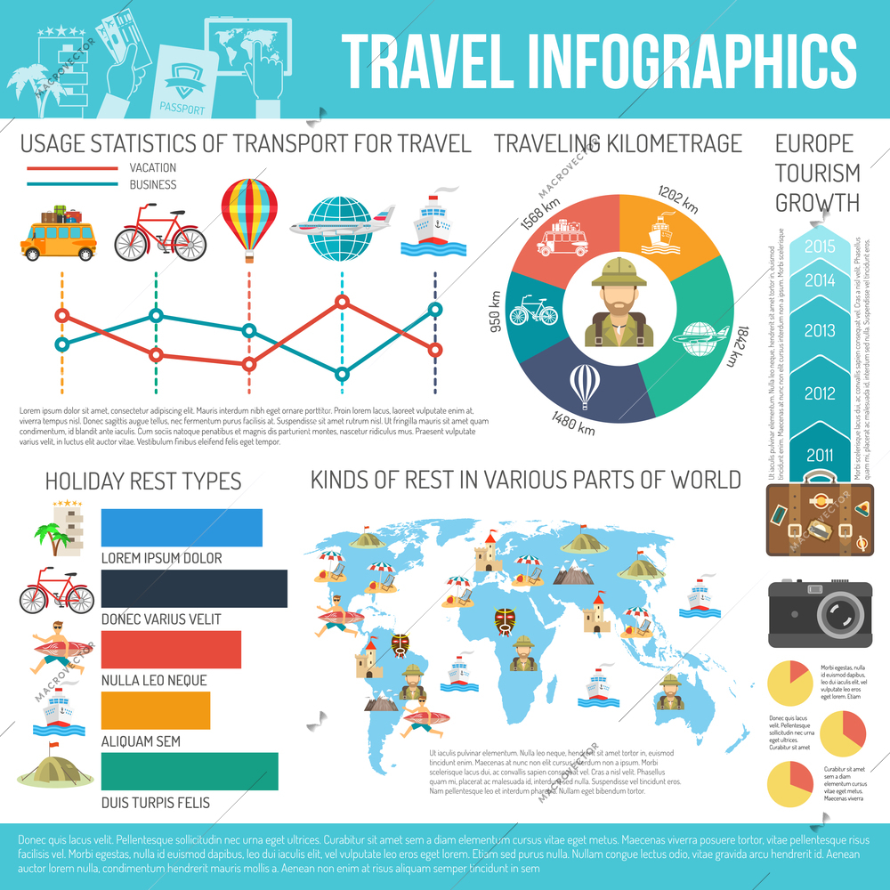 Travel transport kilometrage rest types part of world statistic and grows flat color infographic vector illustration