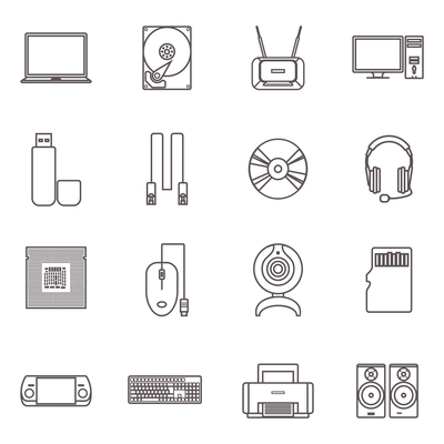 PC and computer gadgets with accessories and hardware flat grey outline icon set isolated vector illustration