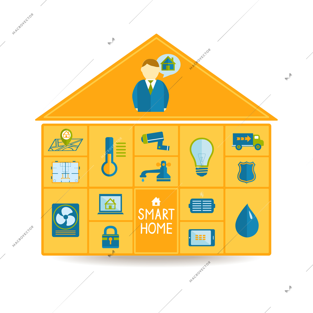 Smart home automation technology concept with utilities icons of waste recycling blueprint and surveillance camera vector illustration