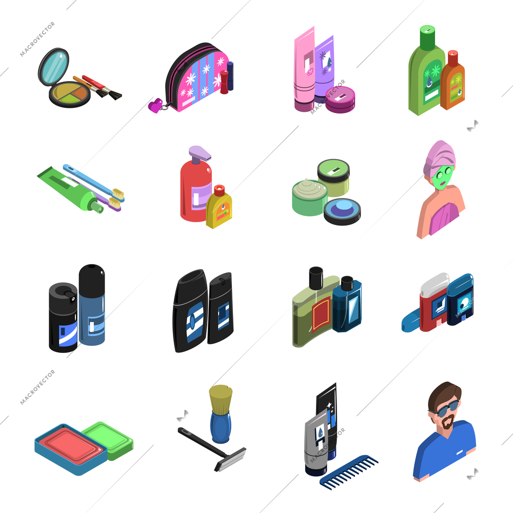 Body care cosmetic personal hygiene deodorant and perfume color isometric icon set isolated vector illustration