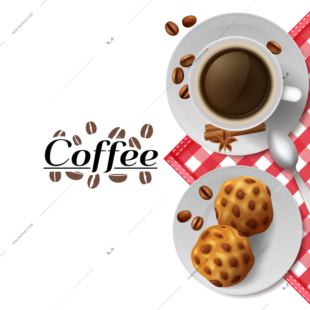 Start day with cup of black coffee with cookies  best energizer advertisement poster print abstract vector illustration