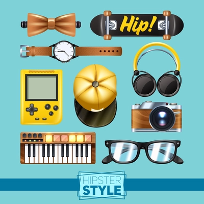 Hipster elements set with glasses wrist watch keyboard isolated vector illustration