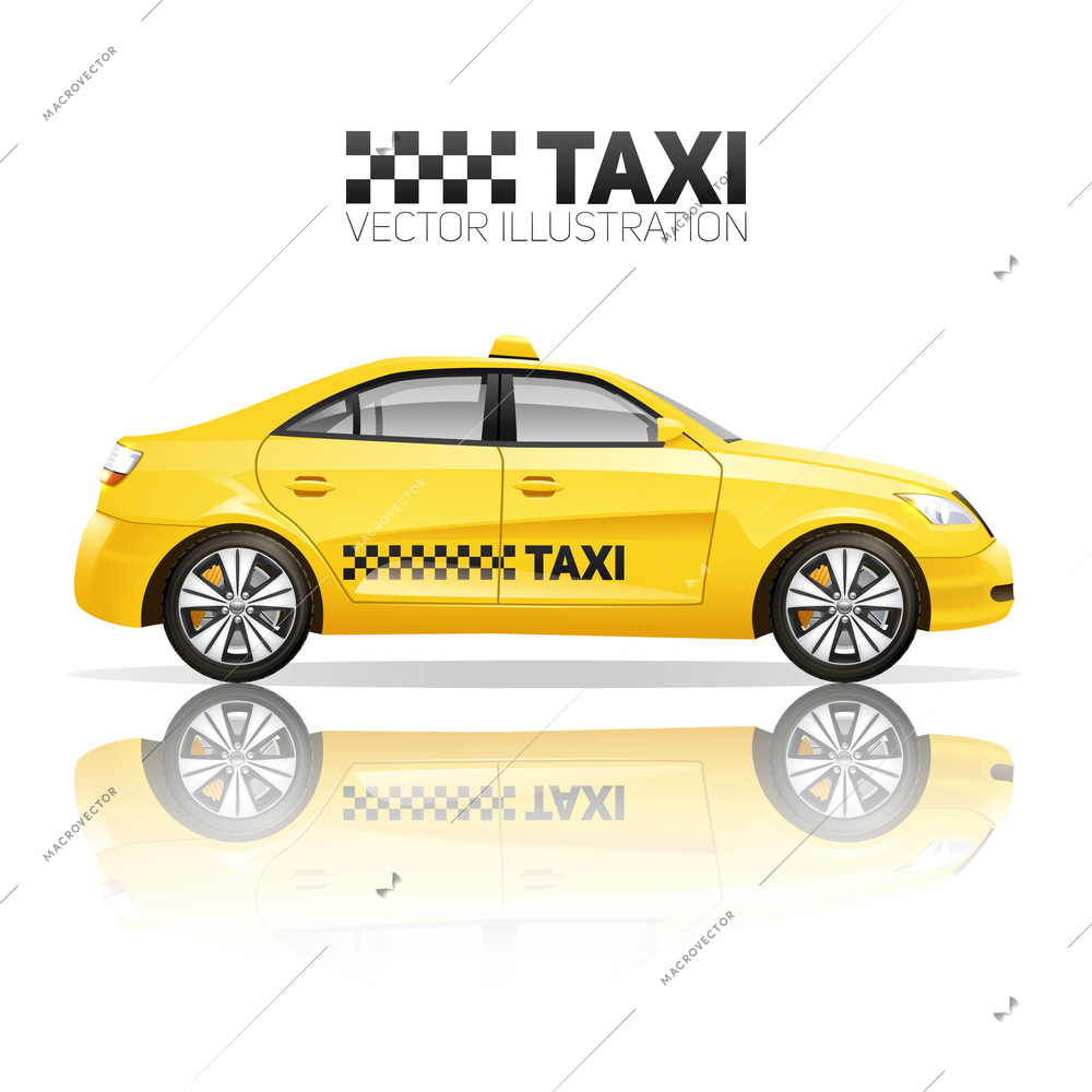 Taxi poster with realistic yellow public service car with reflection vector illustration