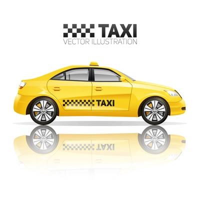 Taxi poster with realistic yellow public service car with reflection vector illustration