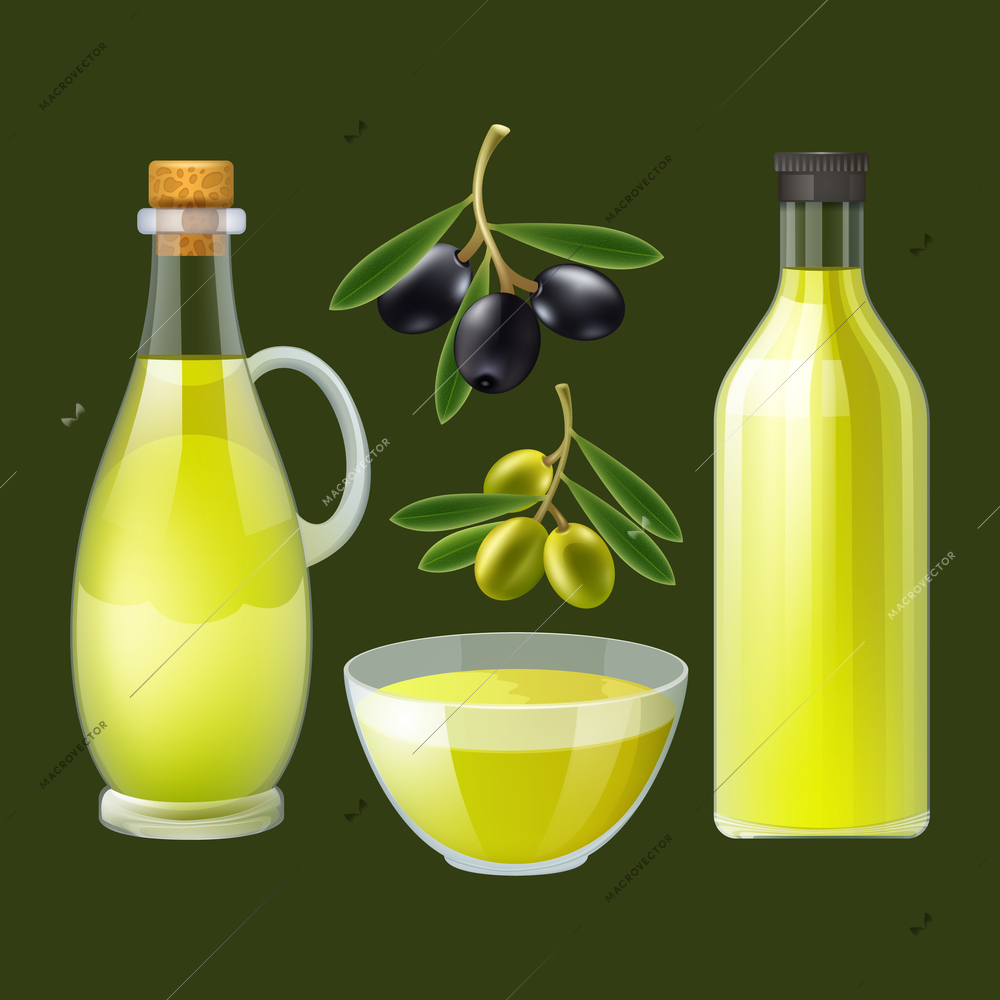 Olive oil bottle and pourer with black and green olives dark background decorative poster abstract vector illustration.  Editable EPS and Render in JPG format