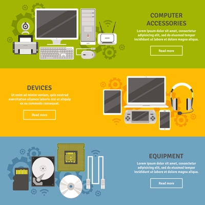 PC and computer equipment with devices and accessories flat color horizontal banner set isolated vector illustration