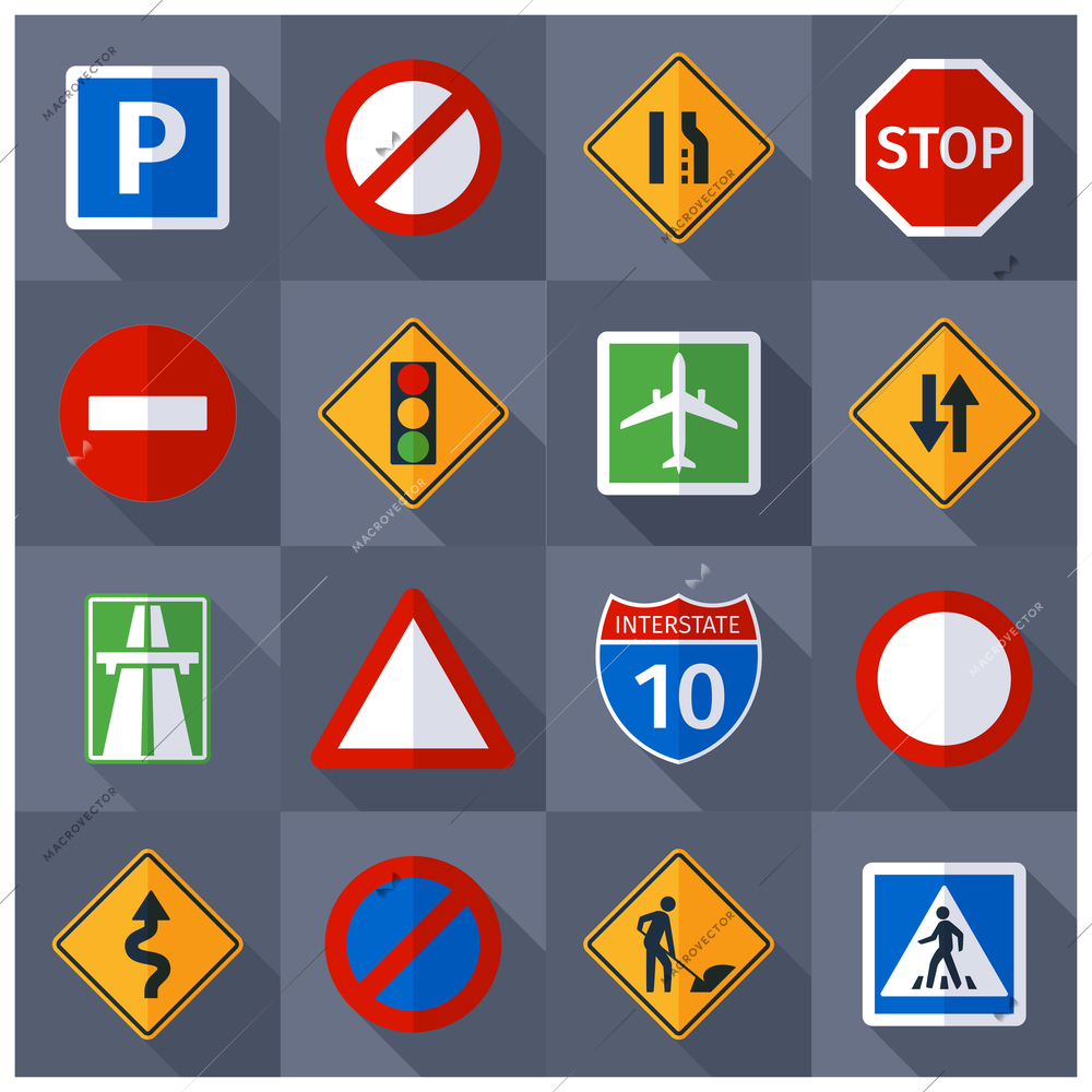 Basic road traffic warning regulatory prohibiting and informative signs flat  pictograms banner print abstract vector isolated  illustration