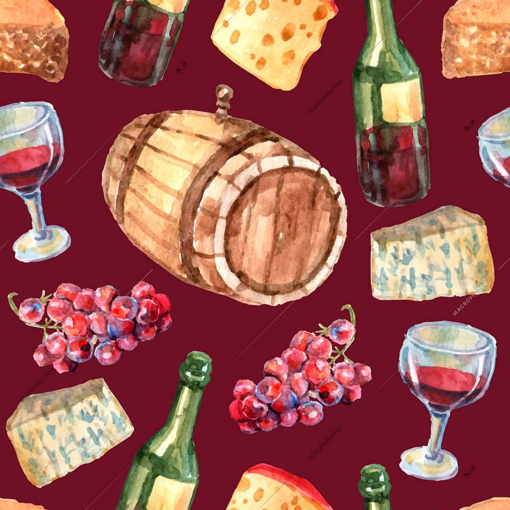 Wine watercolor seamless pattern with cheese grapes bottles and glass vector illustration