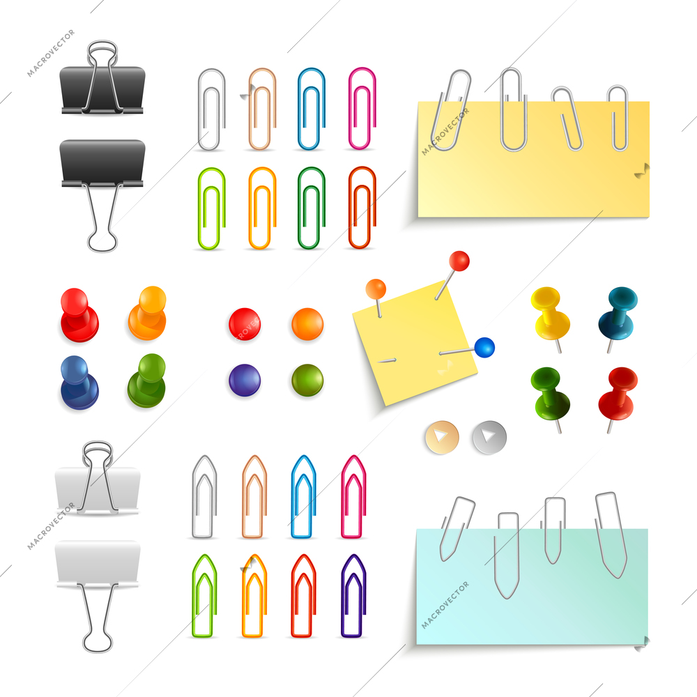 Paper clips binders and pins white black and colored 3d object set isolated vector illustration