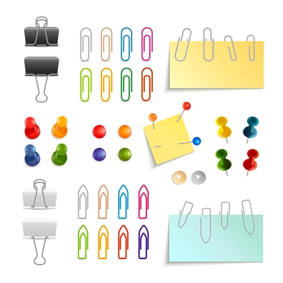 Paper clips binders and pins white black and colored 3d object set isolated vector illustration