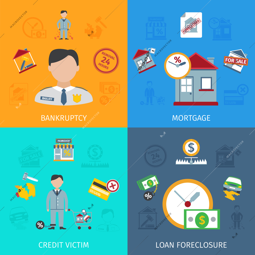 Loan foreclosure design concept set with credit victim flat icons isolated vector illustration