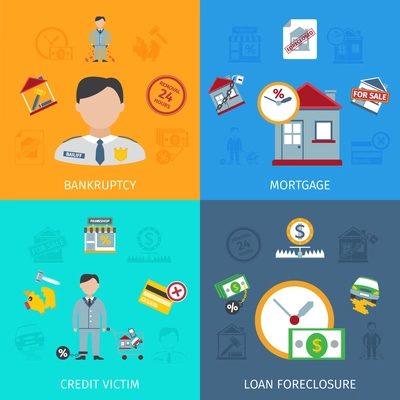 Loan foreclosure design concept set with credit victim flat icons isolated vector illustration