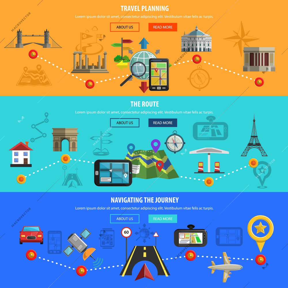 Travel planning routes map and navigation in journey flat color horizontal banner set isolated vector illustration