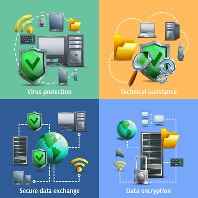 Data encryption security and exchange cartoon icons set with virus protection isolated vector illustration