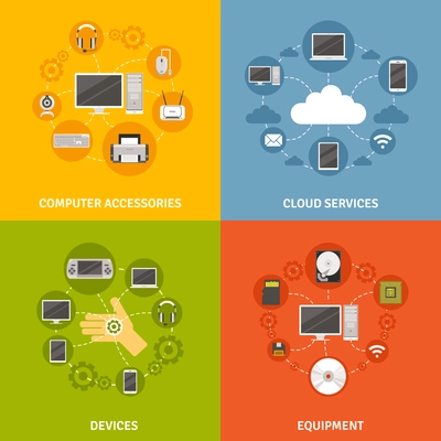 Computer devices accessories and equipment and cloud service scheme  flat icon set isolated vector illustration