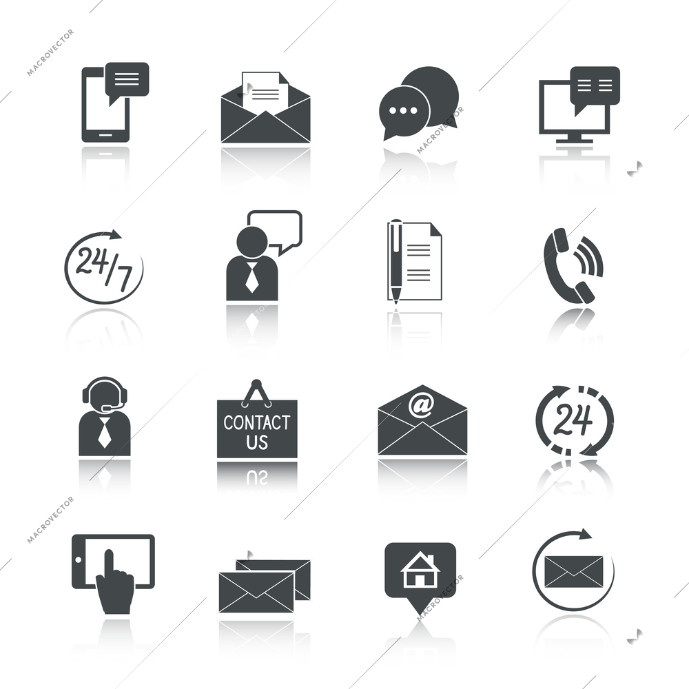 Contact us service icons set of email phone communication and representative person isolated vector illustration