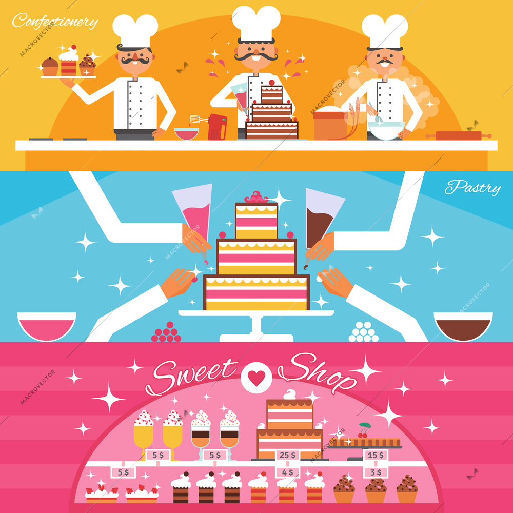 Confectionery and sweet shop horizontal banners set with cake and pastry flat isolated vector illustration