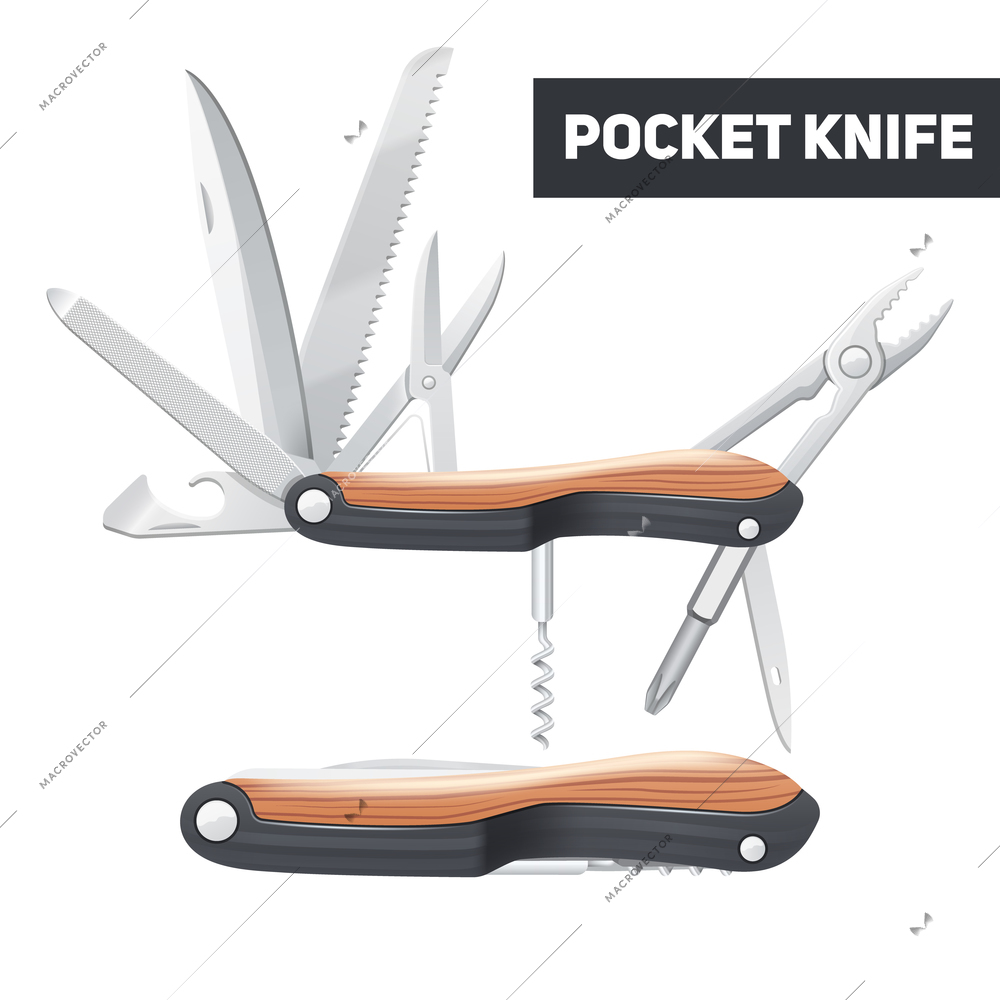 Pocket multifunctional knife with scissors screwdriver opener and corkscrew realistic color concept vector illustration