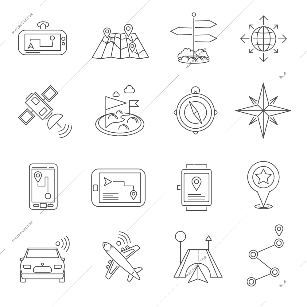 Navigation and location system compasses map and gps routes and landmarks flat outline icon set isolated vector illustration