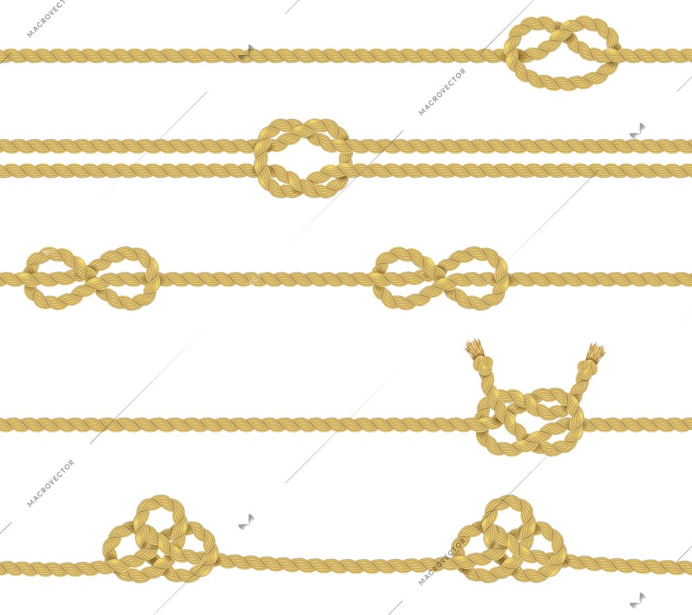 Knitted and associated twisted ropes twines with nodes realistic color decorative border set isolated vector illustration