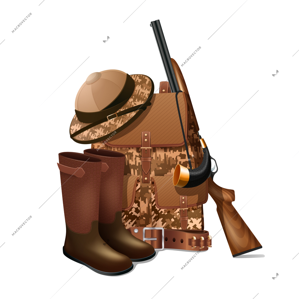 Vintage hunting equipment accessories and gear retro pictogram with rifle and sportive  camouflage backpack  abstract vector illustration