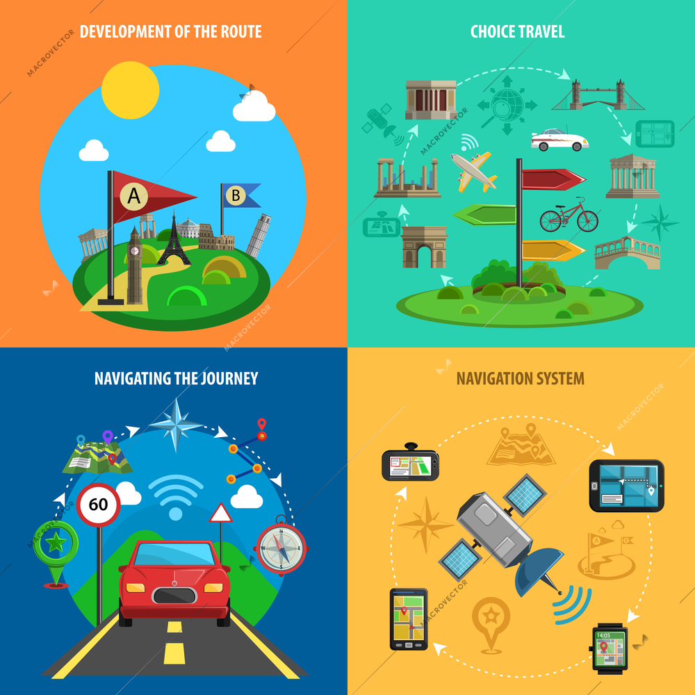 Travel choice route development and navigation systems flat color decorative icon set isolated vector illustration