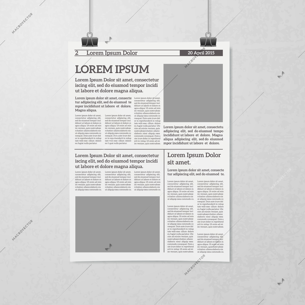 Newspaper sheet hanging on clips black and white minimalistic 3d realistic concept vector illustration