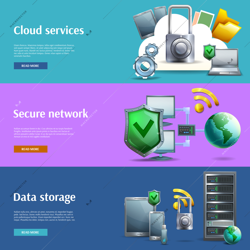 Data storage and protection cartoon horizontal banners set with networks and cloud services isolated vector illustration