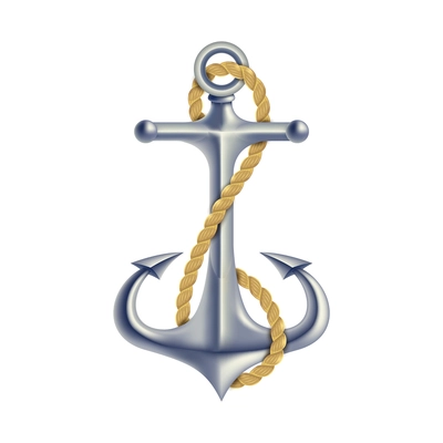 Polish steel anchor with twisted rope maritime hope symbol 3d realistic color isolated object vector illustration