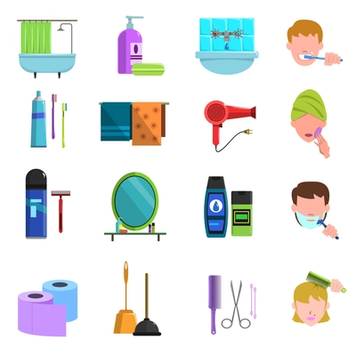 Personal care accessories flat icons set with toothbrush and hair dryer icons collection abstract isolated vector illustration