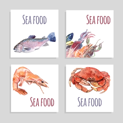 Seafood watercolor square banners set with crabs fish and shrimp isolated vector illustration