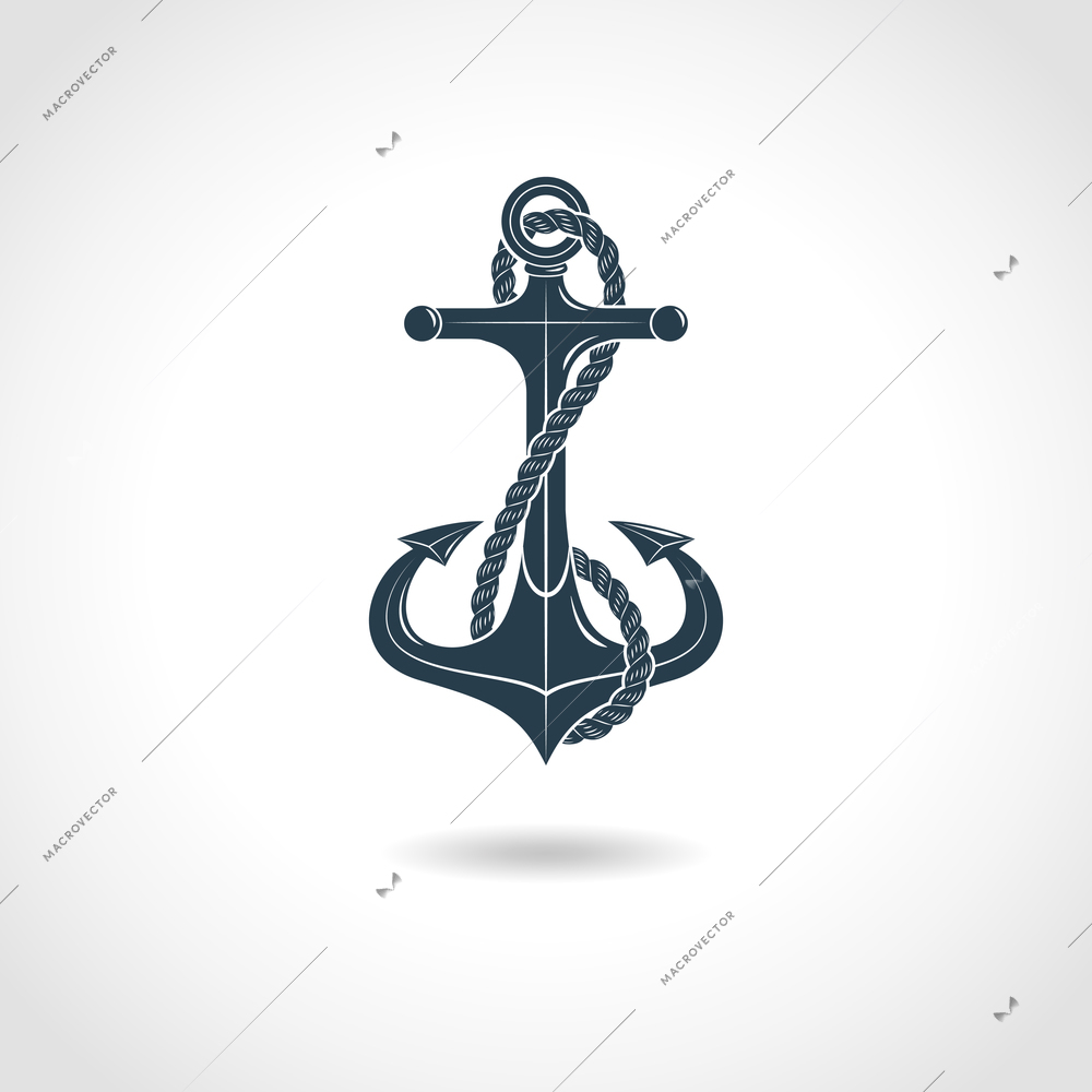 Anchor with twisted rope maritime hope symbol flat black silhouette shadow isolated object vector illustration