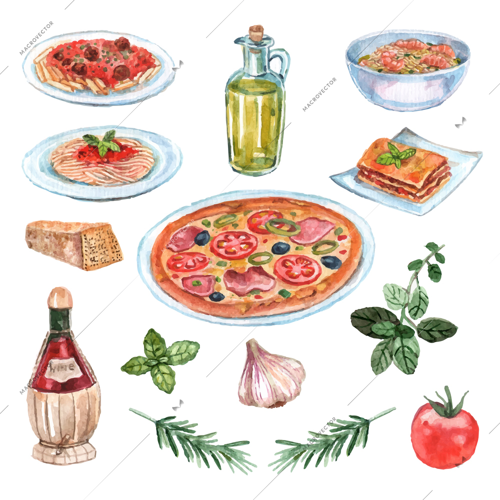 Italian food watercolor set with pizza pasta and wine isolated vector illustration