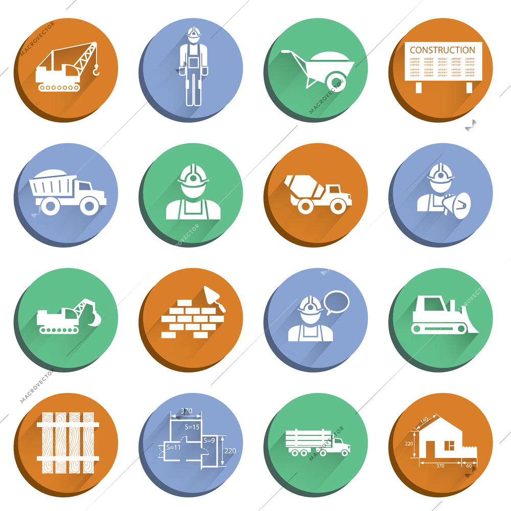 Construction icons set of cement mixer truck and urban engineering isolated vector illustration