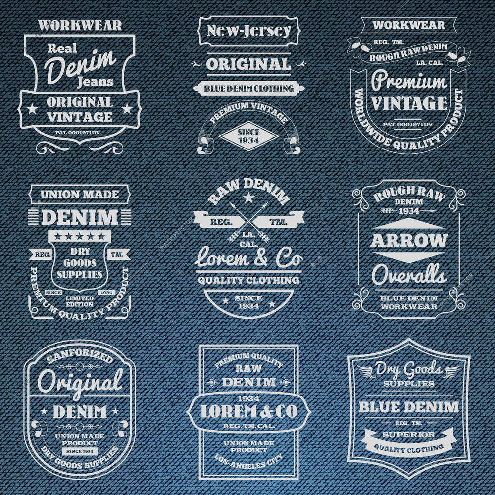 Classical blue denim jeans typography logo emblems limited edition graphic design icons collection abstract isolated vector illustration. Editable EPS and Render in JPG format