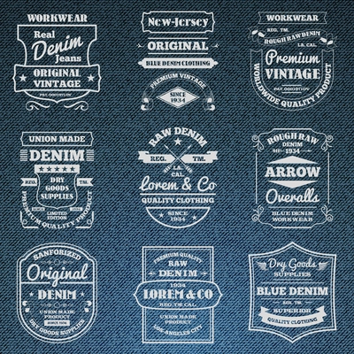 Classical blue denim jeans typography logo emblems limited edition graphic design icons collection abstract isolated vector illustration. Editable EPS and Render in JPG format