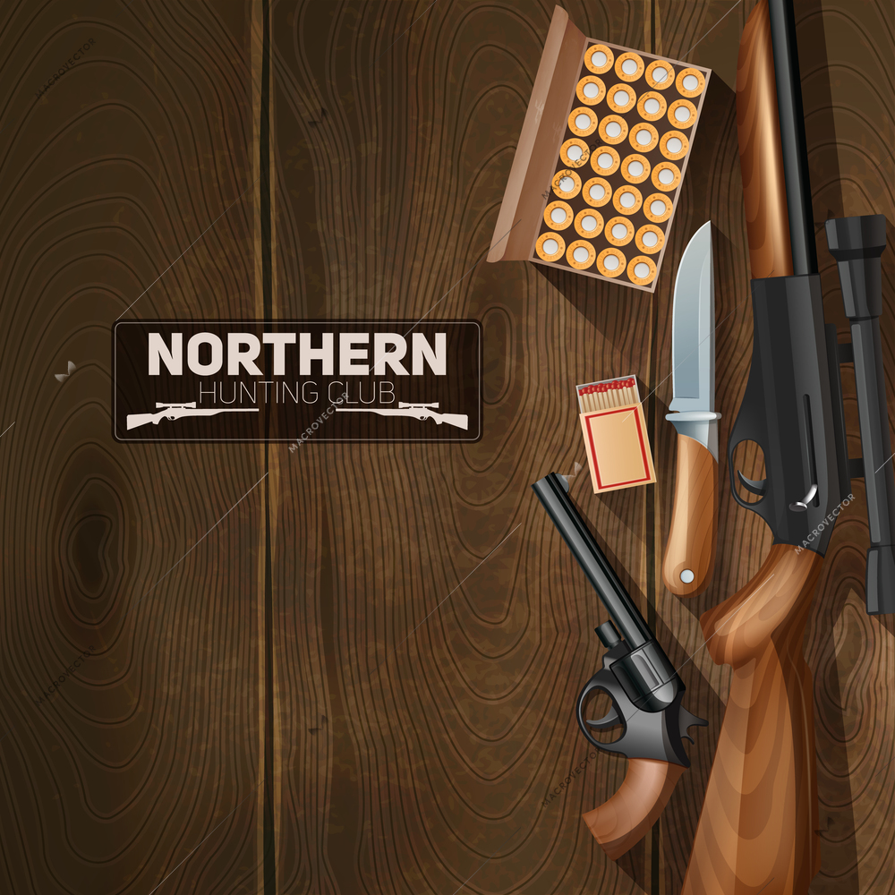 Hunting weapon and bullets set on wooden texture background vector illustration