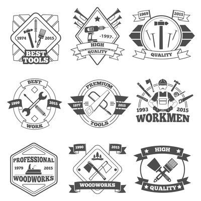 Premium quality hand work tools label set isolated vector illustration