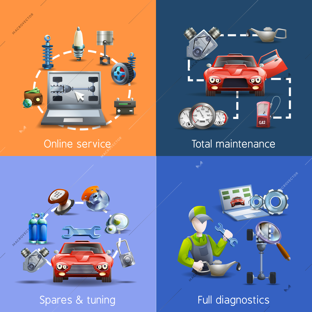 Car maintenance and service cartoon icons set with spares and diagnostics isolated vector illustration